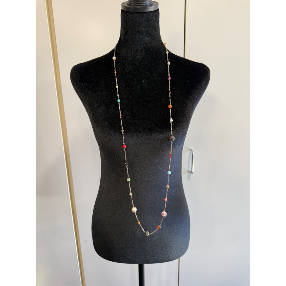 Vintage Multi Color Floral Bead Gold Tone Long Station Layering Necklace Boho